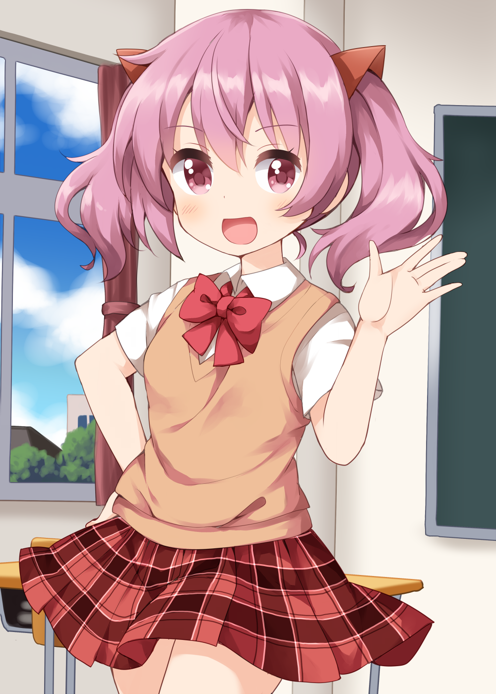 1girl, :d, \||/, blush, bow, bowtie, classroom, collared_shirt