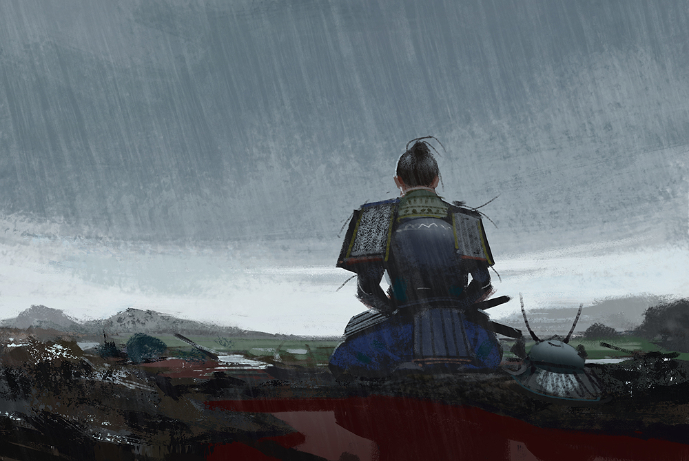 1boy, after_battle, armor, battle, black_hair, blood, clouds, cloudy_sky