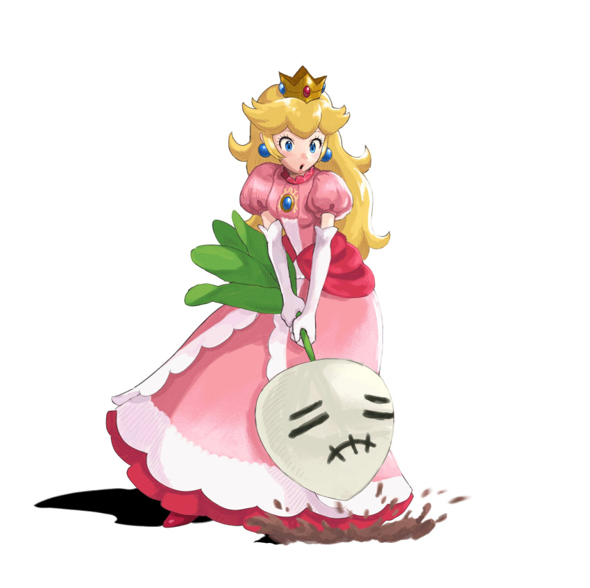 1girl, blonde_hair, blue_eyes, crown, dress, earrings, elbow_gloves, gloves