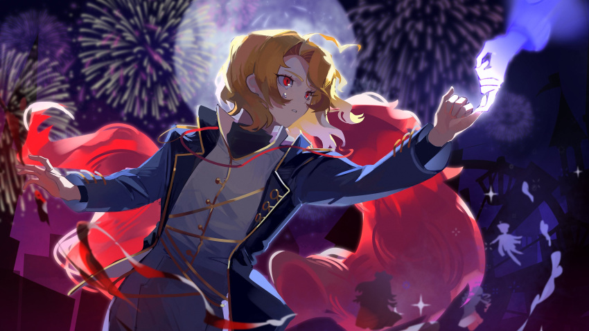 1girl, absurdres, black_jacket, blonde_hair, crying, crying_with_eyes_open, don_quixote_(project_moon), feather_boa
