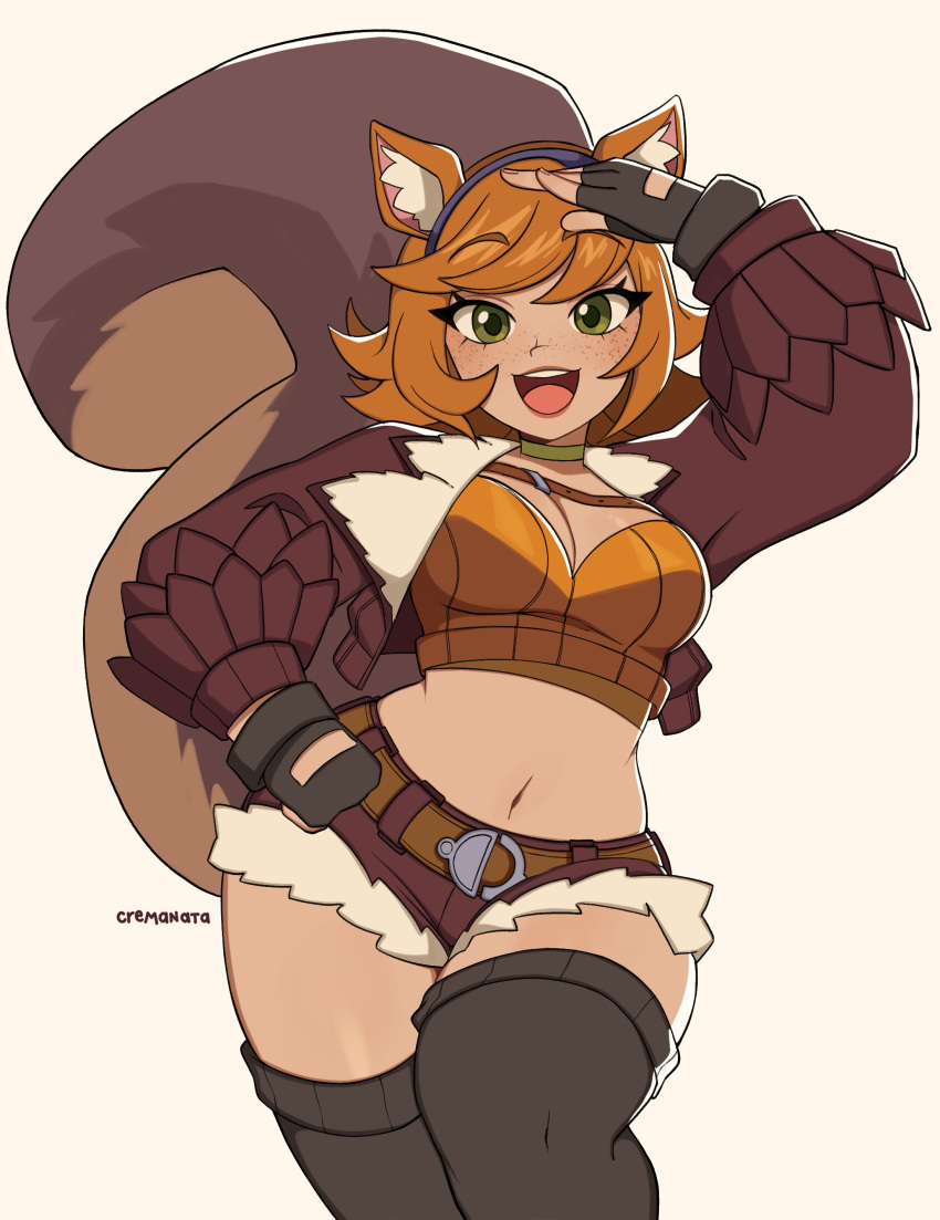 1girl, absurdres, animal_ears, artist_name, black_gloves, black_thighhighs, brown_jacket, brown_shorts, brown_tail, choker, cremanata, crop_top, cropped_jacket, fingerless_gloves, freckles, gloves, green_choker, green_eyes, highres, jacket, looking_at_viewer, marvel, marvel_rivals, midriff, navel, open_clothes, open_jacket, open_mouth, orange_hair, orange_shirt, shirt, short_hair, short_shorts, shorts, simple_background, solo, squirrel_ears, squirrel_girl, squirrel_girl_(marvel), squirrel_tail, tail, teeth, thigh-highs, upper_teeth_only, white_background