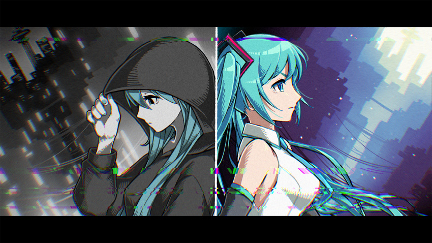 1girl, anakona, back-to-back, bags_under_eyes, blue_eyes, blue_hair, city, closed_mouth, commentary_request, detached_sleeves, glitch, hatsune_miku, highres, hood, hood_up, hoodie, letterboxed, light_particles, long_hair, multiple_views, procreate_(medium), split_theme, upper_body, vocaloid