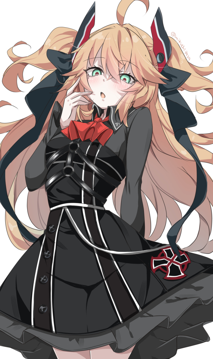 1girl, admiral_hipper_(azur_lane), admiral_hipper_(meta)_(azur_lane), ahoge, artist_name, ascot, azur_lane, black_dress, black_ribbon, blonde_hair, blush, crossed_bangs, dress, green_eyes, hair_ribbon, hand_up, highres, long_hair, long_sleeves, looking_at_viewer, mikuchi3939, mole, mole_under_eye, open_mouth, red_ascot, red_pupils, ribbon, short_dress, simple_background, solo, twintails, two_side_up, white_background