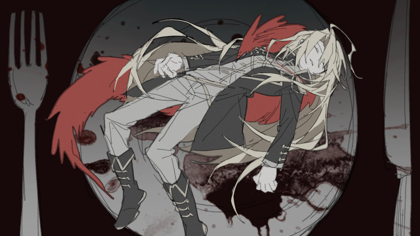 1girl, ahoge, bitter_choco_decoration_(vocaloid), black_coat, black_footwear, blonde_hair, blood, boots