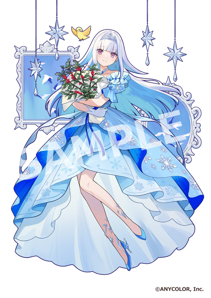 1girl, alternate_costume, blue_brooch, blue_dress, blue_footwear, blue_hair, blunt_bangs, blunt_ends