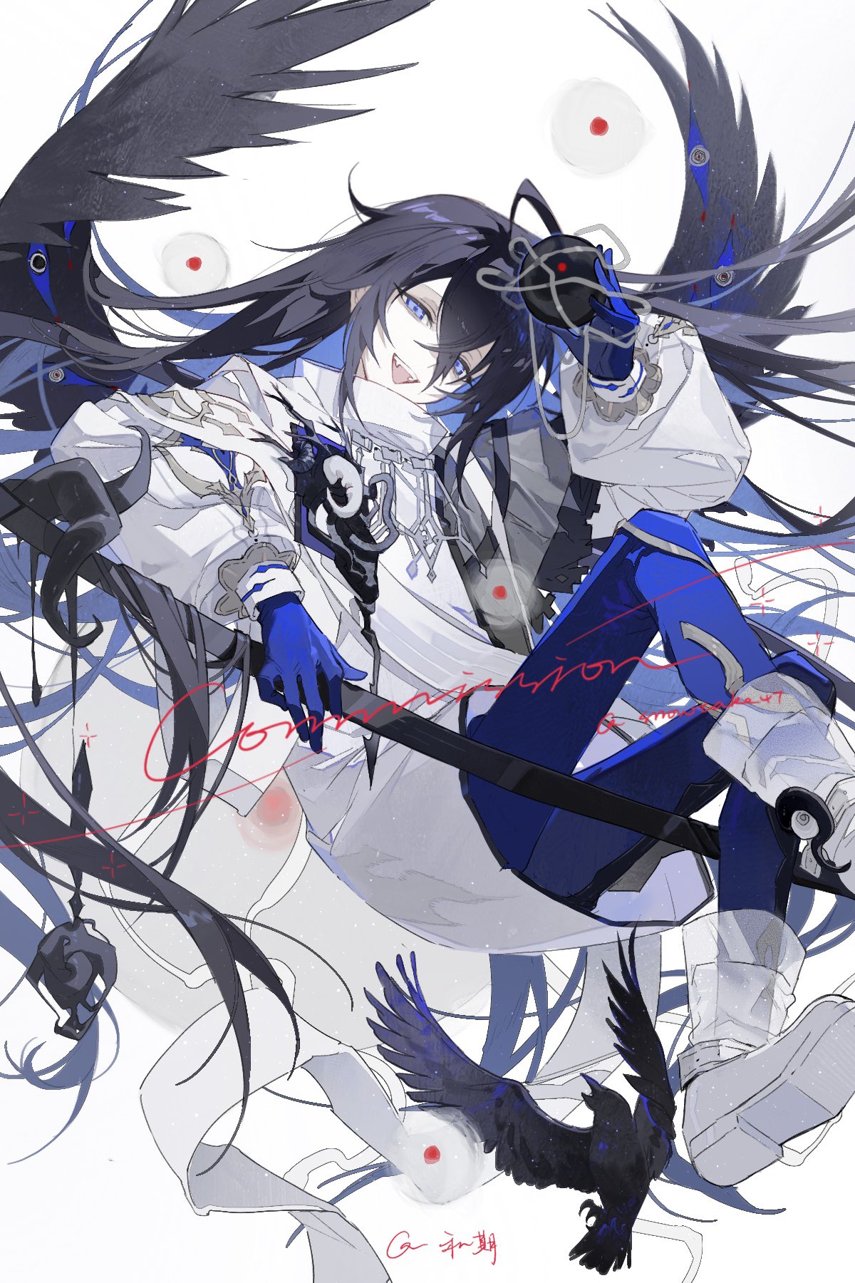1girl, bird, black_hair, black_wings, blue_eyes, blue_gloves, blue_hair, blue_pantyhose
