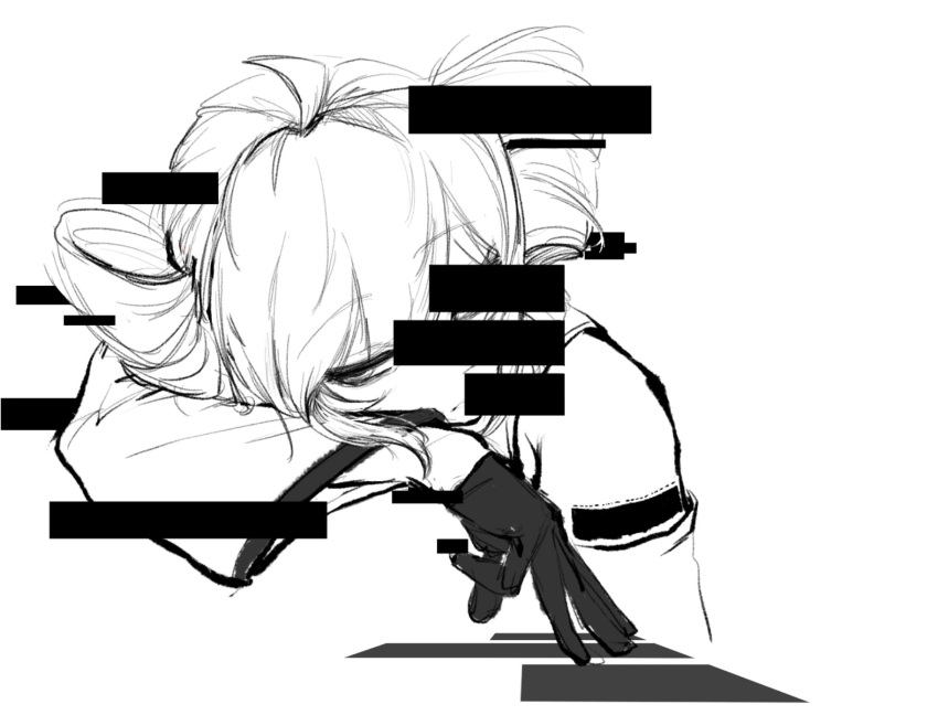 1girl, ahoge, detached_sleeves, drill_hair, glitch, gloves, hair_between_eyes, hair_ribbon