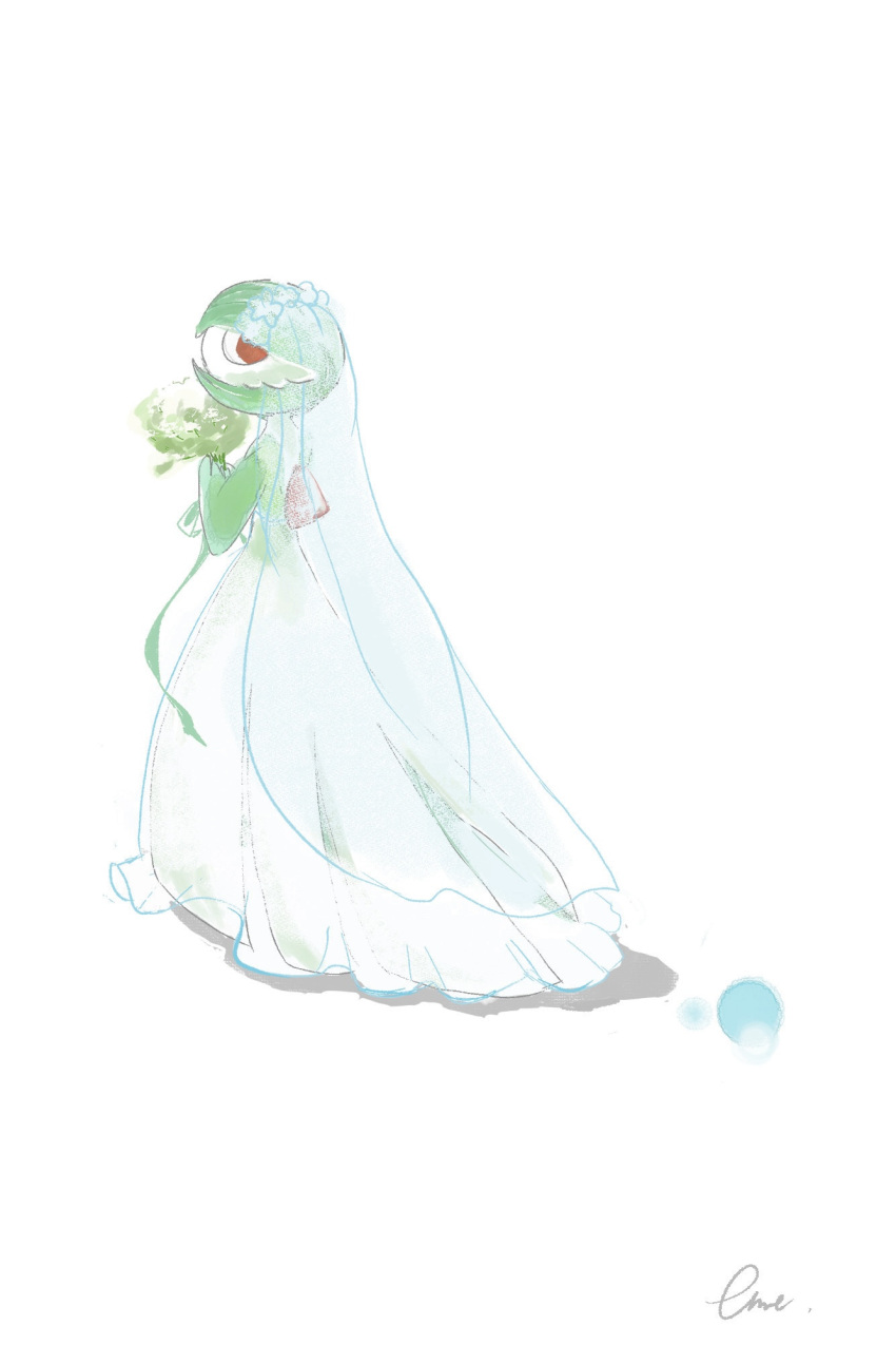 1girl, artist_name, blue_dress, blue_veil, bob_cut, bouquet, bridal_veil, bride, clothed_pokemon, colored_skin, commentary, dress, eme_ko, flower, from_behind, full_body, gardevoir, green_flower, green_hair, green_ribbon, green_skin, hands_up, highres, holding, holding_bouquet, looking_back, multicolored_skin, own_hands_together, pokemon, pokemon_(creature), red_eyes, ribbon, see-through_clothes, see-through_dress, see-through_veil, short_hair, signature, simple_background, solo, standing, two-tone_skin, veil, white_background, white_skin