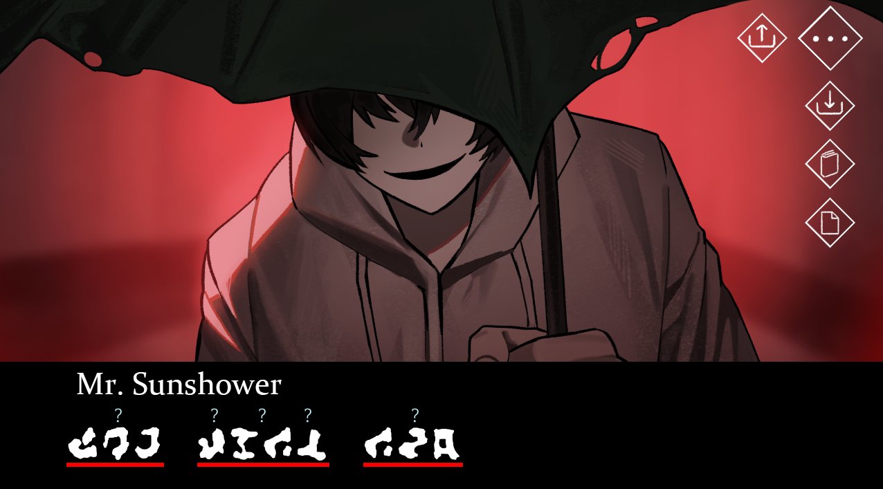 1boy, asdf1211950, black_hair, drawstring, e.g.o_(project_moon), holding, holding_umbrella, homicipher, homicipher_text, hood, hood_down, limbus_company, long_sleeves, mr._scarletella, open_mouth, parody, project_moon, smile, solo, sunshower_(e.g.o), torn_umbrella, umbrella, white_raincoat, yi_sang_(project_moon)