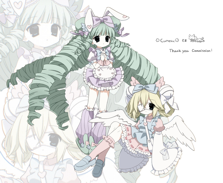 2000s_(style), 2girls, angel, angel_wings, animal_ears, animal_slippers, apron, baggy_socks