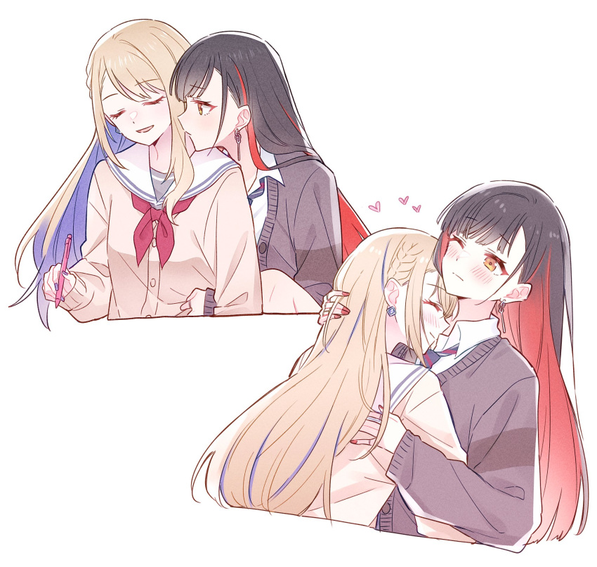1girl, 2girls, azusawa_kohane, beru_popooo, black_hair, blonde_hair, blue_hair, blue_necktie, blush, braid, brown_cardigan, cardigan, closed_eyes, closed_mouth, collared_shirt, colored_inner_hair, commentary_request, earrings, grey_cardigan, heart, highres, hug, hug_from_behind, jewelry, kamiyama_high_school_uniform_(project_sekai), long_hair, long_sleeves, miyamasuzaka_girls'_academy_school_uniform, multicolored_hair, multiple_girls, multiple_rings, nail_polish, neckerchief, necktie, official_alternate_costume, official_alternate_hair_length, official_alternate_hairstyle, one_eye_closed, open_mouth, orange_eyes, project_sekai, red_hair, red_nails, red_neckerchief, ring, school_uniform, serafuku, shiraishi_an, shirt, sidelocks, whip_the_wimp_girl!!_(project_sekai), white_background, white_shirt, yuri