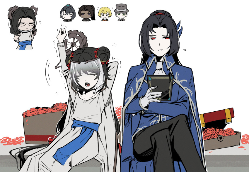 1girl, 6+boys, argalia_(project_moon), argalia_(project_moon)_(cosplay), arms_up, asdf1211950, black_hair, black_pants