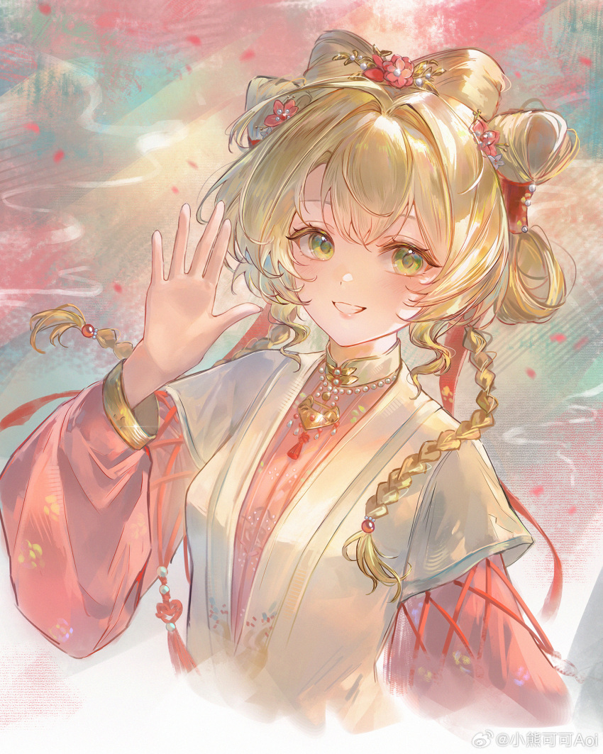 1girl, blonde_hair, braid, chinese_clothes, cropped_torso, flower, green_eyes, grin