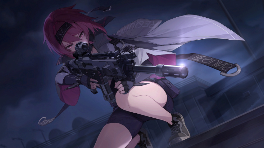 1girl, assault_rifle, black_footwear, black_shorts, fingerless_gloves, fuchsia_(strinova), glint, gloves, gun, hairband, highres, holding, holding_gun, holding_weapon, jacket, official_art, outdoors, overcast, pink_eyes, pink_hair, rifle, shoes, short_hair, shorts, sky, sneakers, solo, squatting, strinova, weapon
