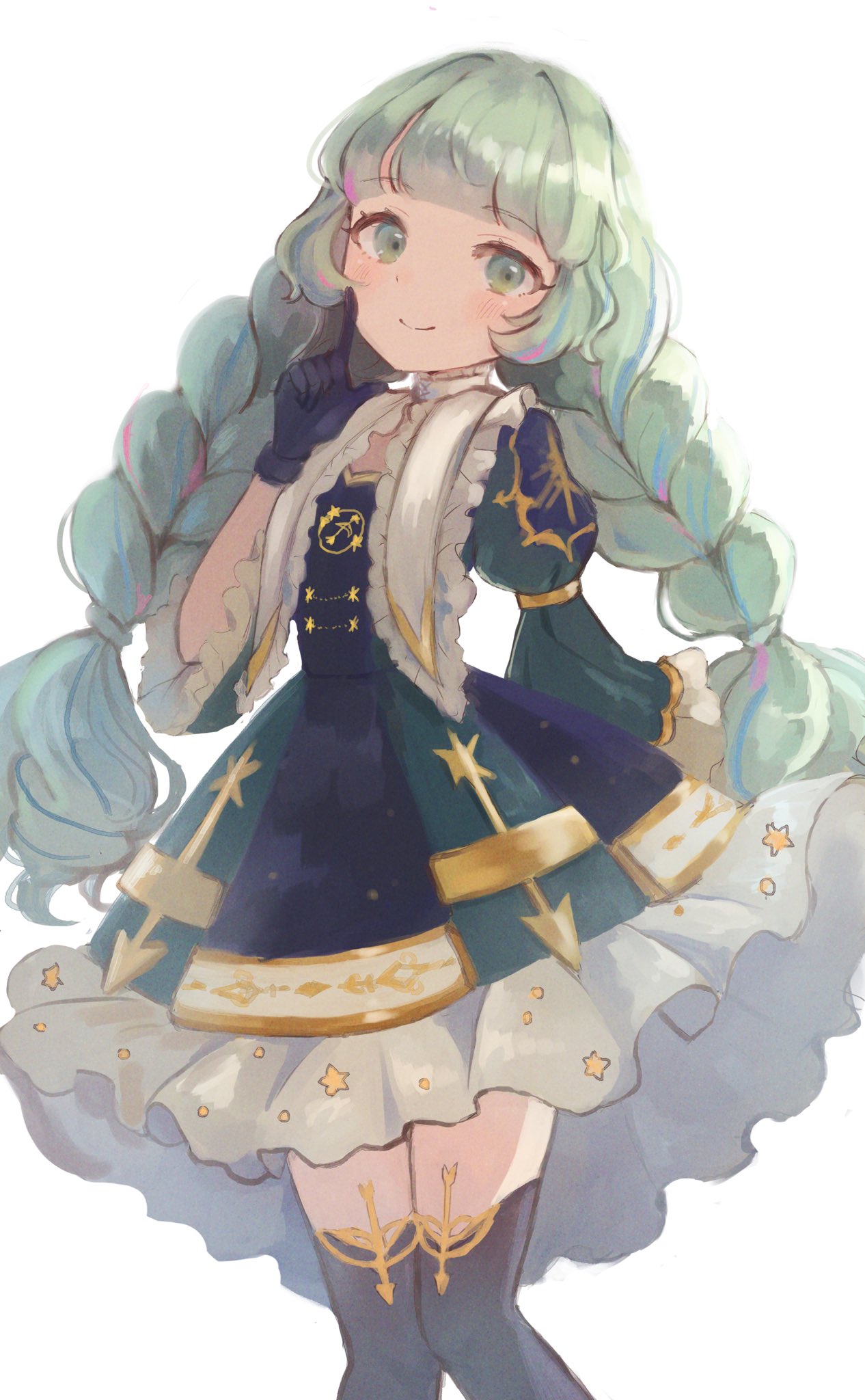 1girl, aikatsu!_(series), aikatsu_planet!, bad_id, bad_twitter_id, blue_gloves, blunt_bangs, braid, closed_mouth, collared_dress, cowboy_shot, dress, gloves, green_dress, green_eyes, green_hair, hand_up, highres, long_hair, long_sleeves, looking_at_viewer, multicolored_hair, ogura_(sao_no), puffy_sleeves, q-pit, simple_background, smile, solo, standing, streaked_hair, twin_braids, twintails, very_long_hair, white_background