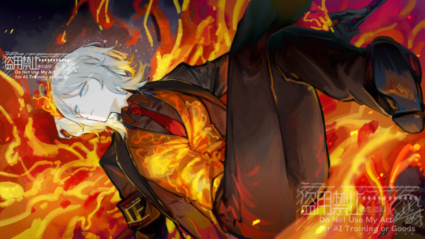 1girl, ardor_blossom_star_(e.g.o), brown_pants, collared_shirt, dutch_angle, e.g.o_(project_moon), faust_(project_moon), fiery_wings
