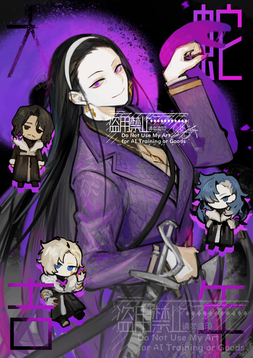 1boy, 3girls, bangs_pinned_back, black_coat, black_hair, blue_eyes, blue_hair, brown_eyes, brown_hair, coat, commentary, cowboy_shot, earrings, hairband, hand_up, highres, iori_(project_moon), jewelry, lapels, library_of_ruina, limbus_company, lion_(project_moon), long_hair, long_sleeves, looking_at_viewer, mature_female, multiple_girls, necklace, nishikujic, notched_lapels, panther_(project_moon), project_moon, purple_coat, scale_print, shadow_puppet, sheath, short_hair, sword, symbol-only_commentary, very_long_hair, weapon, white_hair, white_hairband, wolf_(project_moon)