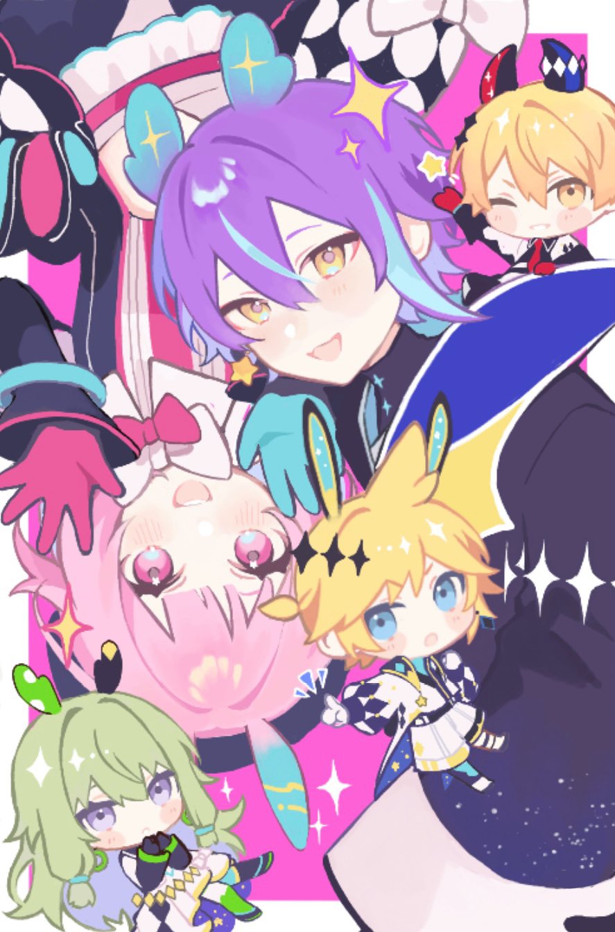2girls, 3boys, animal_ears, antennae, black_jacket, blonde_hair, blue_eyes, blush, chibi, fj_tks, gloves, green_eyes, grey_hair, highres, jacket, kagamine_len, kamishiro_rui, kusanagi_nene, long_hair, looking_at_viewer, low-tied_sidelocks, low_ponytail, multiple_boys, multiple_girls, one_eye_closed, ootori_emu, open_mouth, parted_lips, perspective_for_smile_(project_sekai), pink_eyes, pink_gloves, pink_hair, project_sekai, rabbit_ears, shorts, smile, sparkle, star_(symbol), tenma_tsukasa, vocaloid, white_jacket, white_shorts, wonderlands_x_showtime_(project_sekai), wonderlands_x_showtime_len