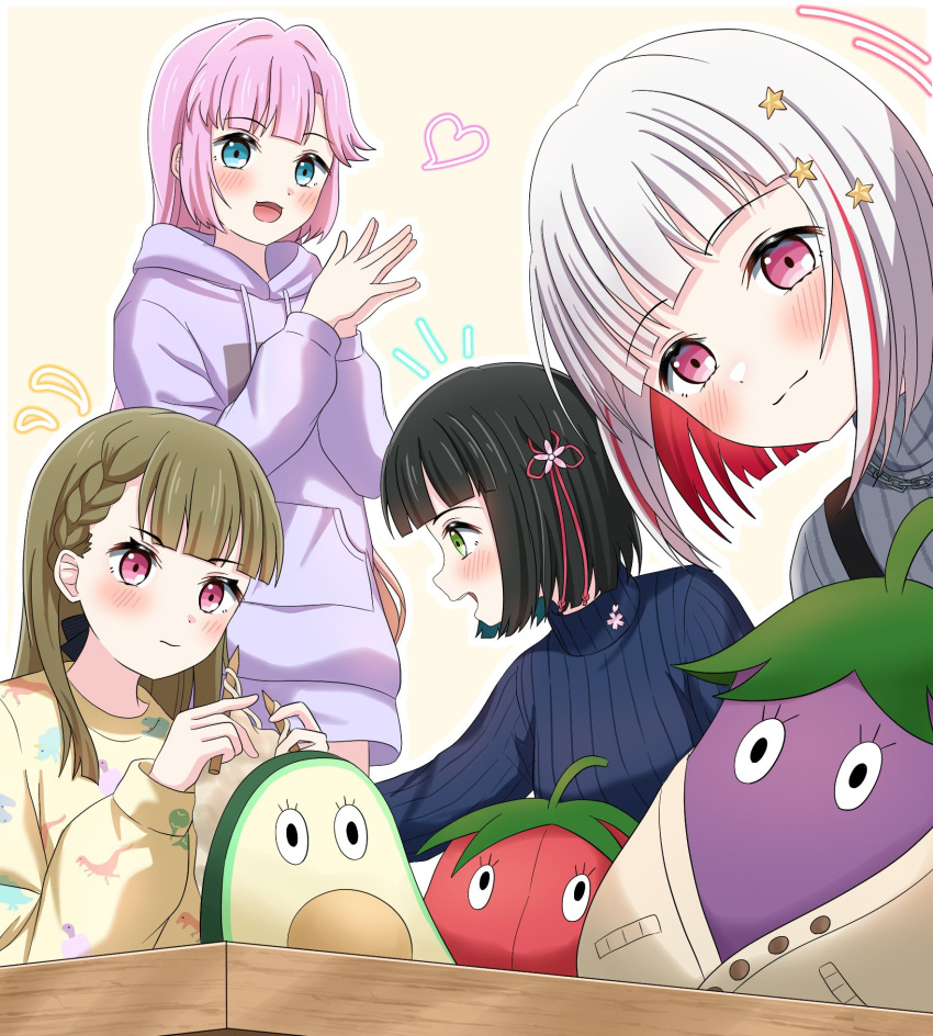 4girls, :3, :d, anyoji_hime, anyoji_hime_(winter_loungewear), black_bow, black_hair, blonde_hair