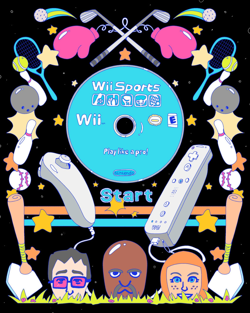 1girl, 2boys, ball, baseball, baseball_base, baseball_bat, black_background, bowling_ball