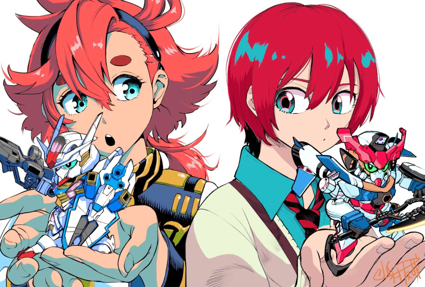 2girls, ahoge, amate_yuzuriha, aqua_eyes, arched_bangs, asticassia_school_uniform, axe, black_hairband, blue_eyes, blush, gquuuuuux, green_eyes, gundam, gundam_aerial, gundam_gquuuuuux, gundam_suisei_no_majo, hair_between_eyes, hairband, heat_hawk, highres, holding, holding_axe, jacket, long_hair, long_sleeves, looking_at_another, low_ponytail, mecha, mizumura_yuya, mobile_suit, multiple_girls, necktie, open_mouth, red_hair, robot, school_uniform, science_fiction, shirt, short_hair, suletta_mercury, sweater, thick_eyebrows, upper_body, v-fin, weapon, white_background