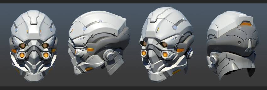 3d, absurdres, commentary, dust_514, eve_online, from_behind, from_side, gallente_federation_(eve_online), grey_background, grey_theme, helmet, highres, juliadream, letterboxed, multiple_views, no_humans, object_focus, realistic, science_fiction