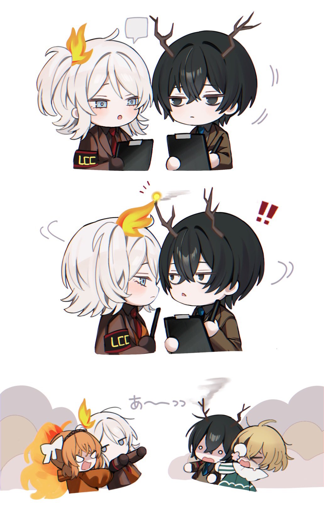 2boys, 2girls, ardor_blossom_star_(e.g.o), black_eyes, black_hair, black_shirt, blue_necktie, brown_coat, burning, chibi, coat, collared_shirt, e.g.o_(project_moon), faust_(project_moon), fiery_hair, highres, horns, ishmael_(project_moon), lantern_(e.g.o), lce_(identity)_(project_moon), limbus_company, long_hair, mu46016419, multiple_boys, multiple_girls, necktie, open_mouth, orange_hair, plant_horns, project_moon, red_necktie, shirt, short_hair, side_ponytail, translated, very_long_hair, white_hair, yi_sang_(project_moon)