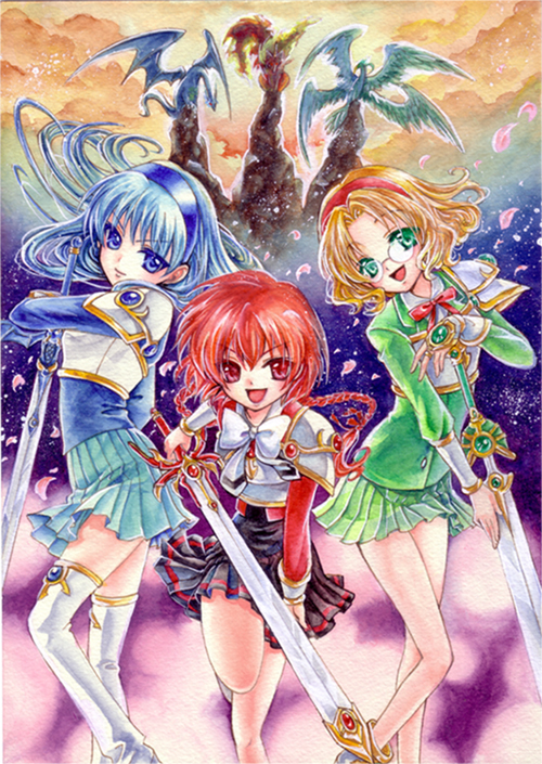 armor, armored_dress, bangs, bird, blue_eyes, blue_hair, bow, braid, brown_hair, ceres, dragon, glasses, green_eyes, hairband, happy, hououji_fuu, jewelry, long_hair, magic_knight_rayearth, multiple_girls, open_mouth, parted_bangs, pauldron, pauldrons, petals, rayearth, red_eyes, red_hair, redhead, ribbon, ryuuzaki_umi, school_uniform, shidou_hikaru, short_hair, skirt, smile, sword, thigh-highs, thighhighs, totsuki, weapon, windam, wings
