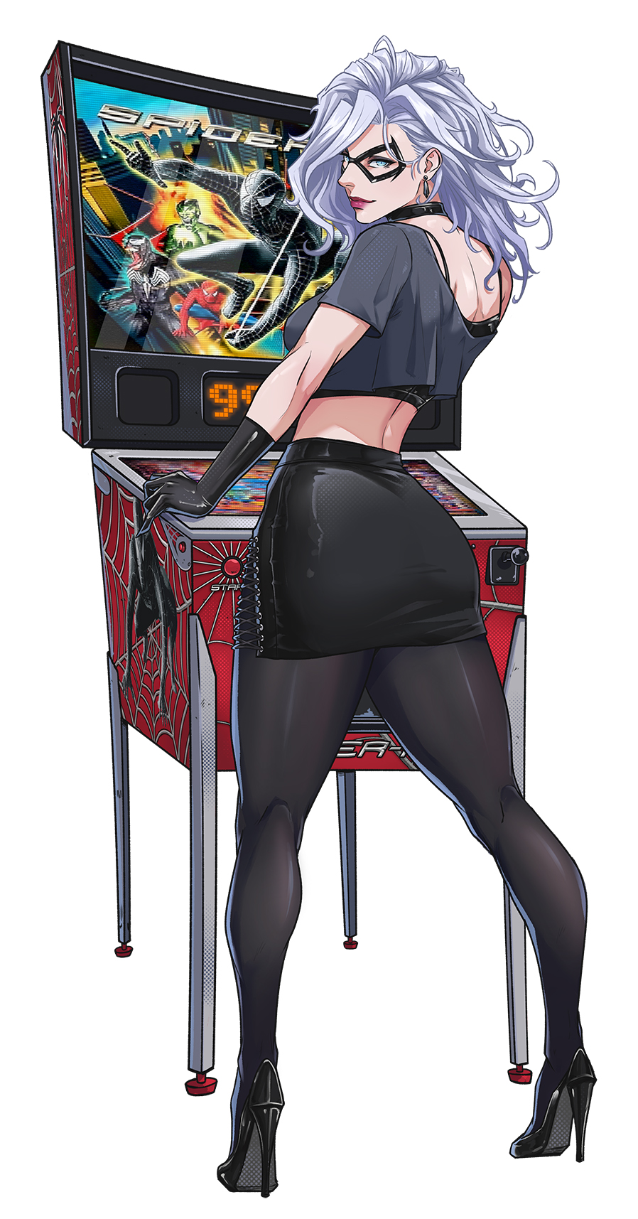 1girl, black_cat_(marvel), black_skirt, cat, earrings, eye_mask, green_goblin, highres