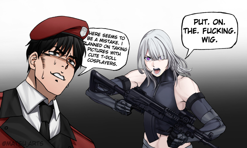 1boy, 1girl, absurdres, ak-15, ak-15_(girls'_frontline), assault_rifle, bare_shoulders, beret