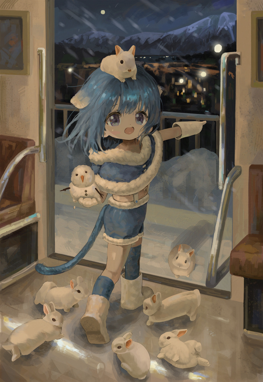 1boy, :d, animal, animal_ears, asymmetrical_legwear, blue_capelet, blue_eyes, blue_hair, blue_shorts, blue_socks, blue_thighhighs, boots, capelet, cat_boy, cat_ears, cat_tail, commentary_request, commission, doubutsunoujyou, fur-trimmed_capelet, fur-trimmed_shorts, fur_trim, gloves, highres, looking_at_viewer, male_focus, night, night_sky, original, outstretched_arm, pixiv_commission, pointing, rabbit, railing, shoe_soles, shorts, sky, smile, snow, snowing, snowman, socks, tail, thigh-highs, train_interior, white_footwear, white_gloves
