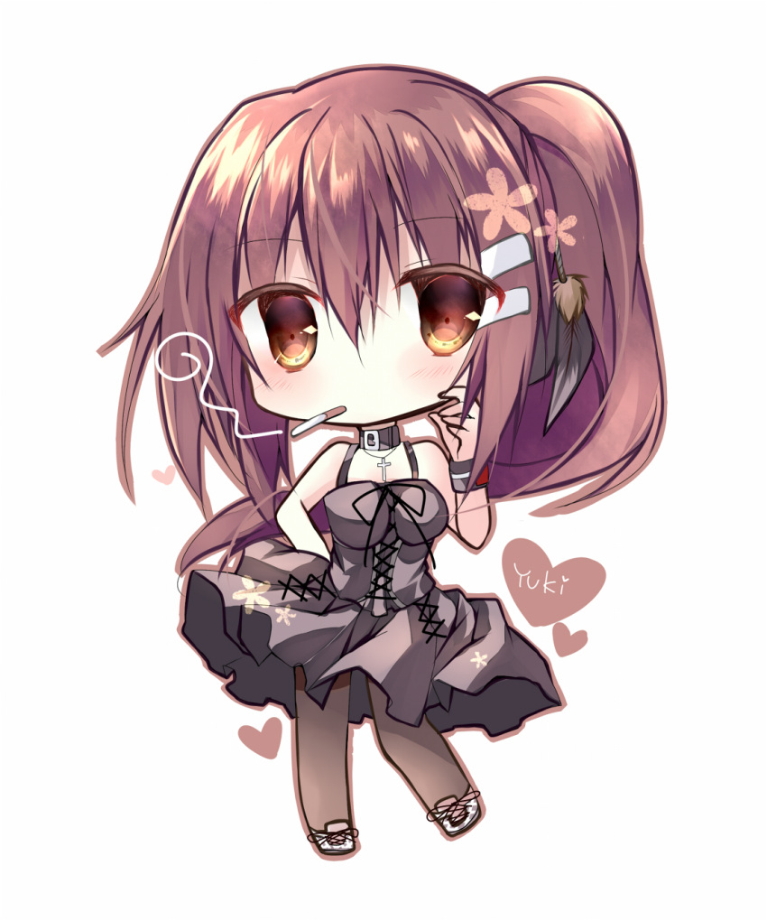 1girl, =_hair_ornament, belt_collar, black_choker, black_dress, black_pantyhose, black_wrist_cuffs, breasts