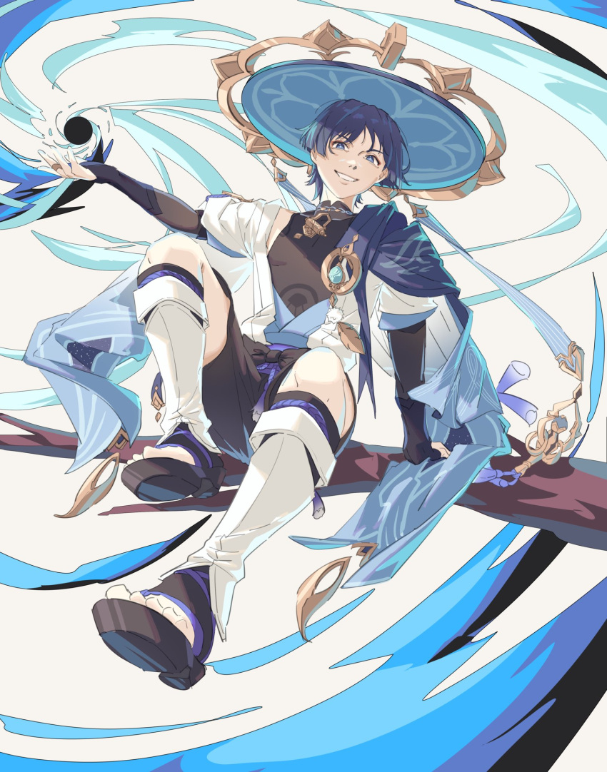 1boy, anemo_symbol_(genshin_impact), arm_at_side, armor, black_bodysuit, black_bow, black_bridal_gauntlets, black_footwear