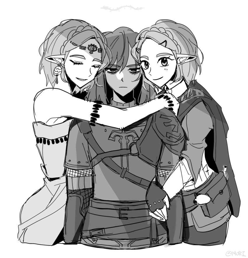 1boy, 2girls, ancient_set_(zelda), braid, cape, champion's_tunic_(zelda), closed_eyes, crown_braid