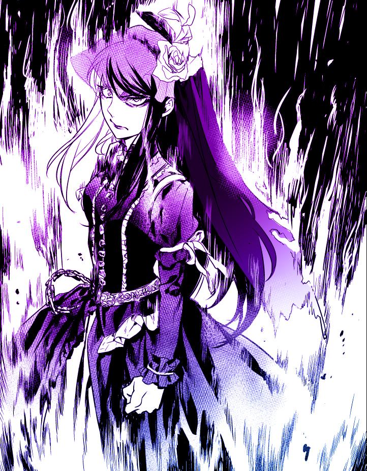 1girl, :/, angry, aura, belt_chain, closed_mouth, cowboy_shot, dark_aura