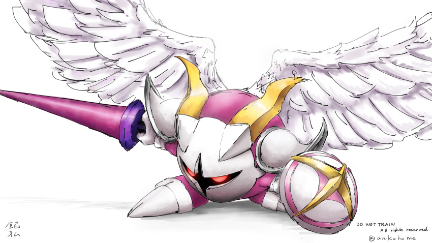 angel_wings, armor, artist_name, buckler, feathered_wings, galacta_knight, gloves, highres, holding, holding_shield, holding_weapon, horns, kirby_(series), kirby_super_star_ultra, lance, mask, no_humans, pauldrons, polearm, raimu_(ankohome), red_eyes, shield, shoulder_armor, signature, simple_background, sketch, solid_circle_eyes, star_(symbol), twitter_username, weapon, white_background, white_gloves, white_wings, wings, yellow_horns