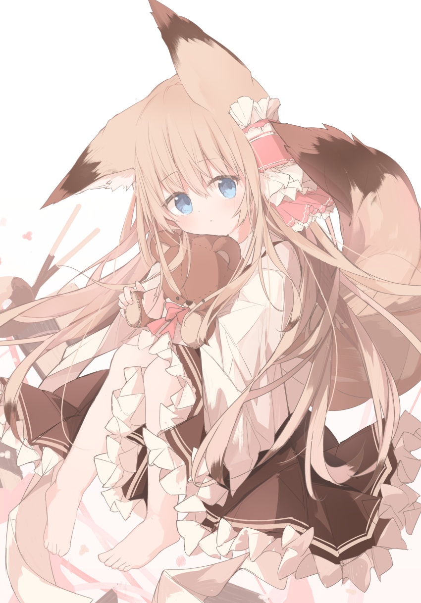 1girl, :o, animal_ear_fluff, animal_ears, barefoot, blue_eyes, breasts, brown_hair