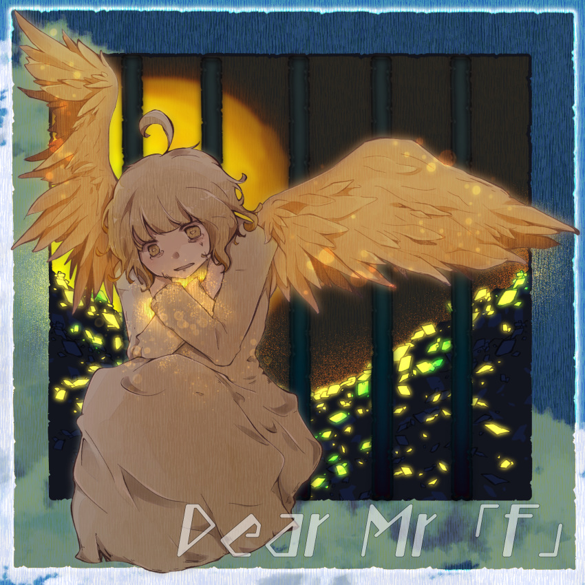1girl, ahoge, angel_wings, blonde_hair, colored_inner_hair, crying, crying_with_eyes_open, dear._mr_f_(zutomayo)