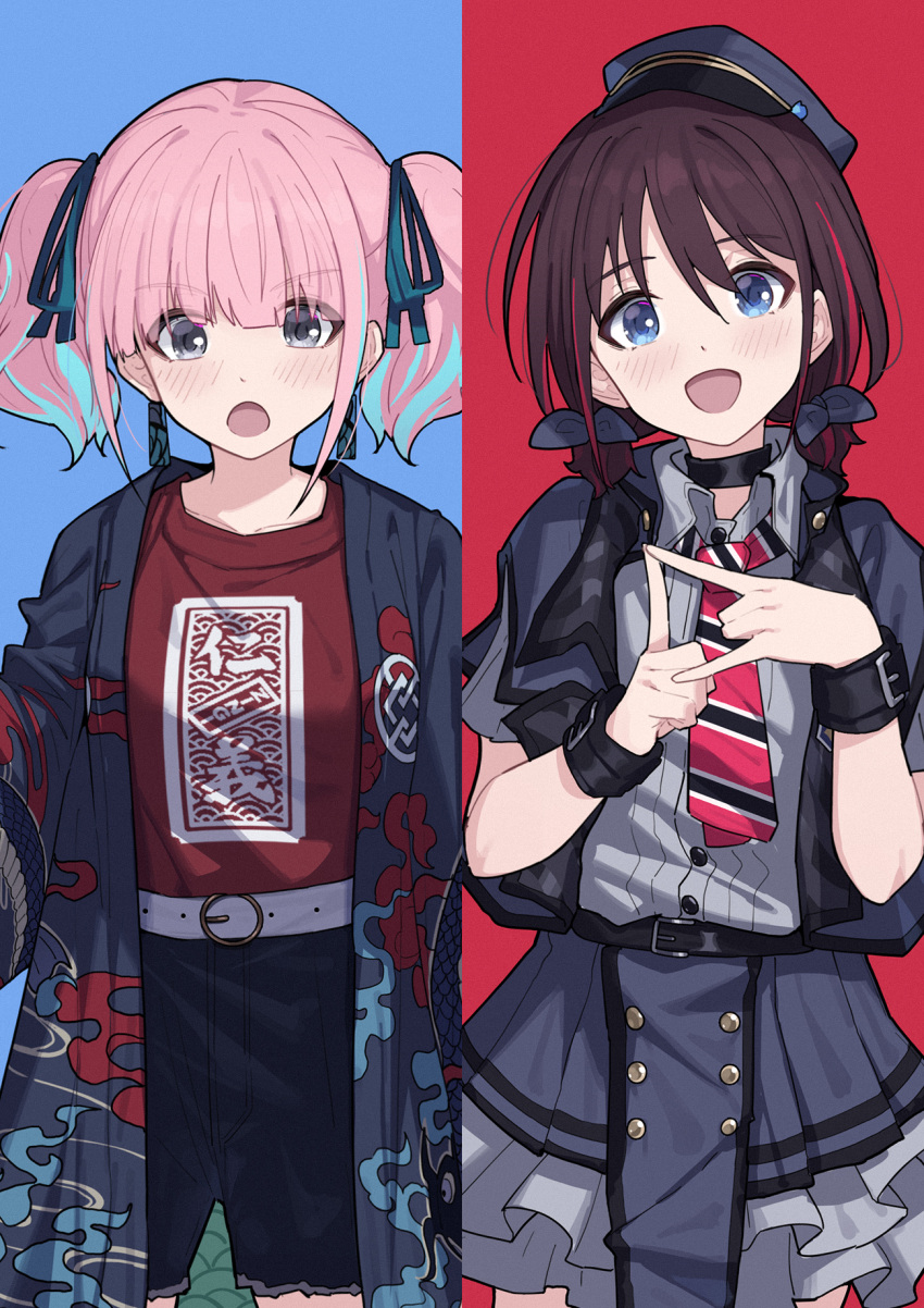 2girls, belt, black_haori, black_shorts, blue_background, blue_eyes, blue_hair, blush
