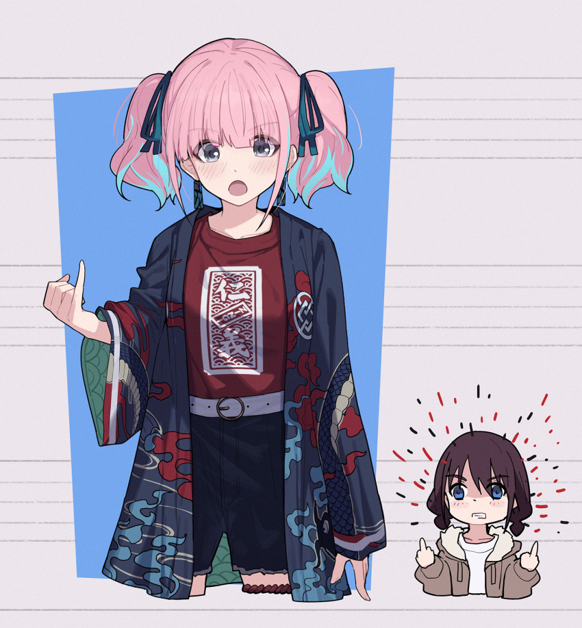 2girls, belt, black_shorts, blue_eyes, blue_hair, blue_haori, blue_ribbon, blush, brown_hair, chinese_commentary, clenched_teeth, commentary_request, cosplay, double_middle_finger, earrings, girls_band_cry, hair_ribbon, haori, highres, hina_(girls_band_cry), iseri_nina, iseri_nina_(cosplay), jacket, japanese_clothes, jewelry, kuuhaku_to_catharsis, low_twintails, middle_finger, multicolored_hair, multiple_girls, open_clothes, open_jacket, open_mouth, pink_hair, pinky_out, red_shirt, ribbon, shirt, short_hair, short_twintails, shorts, streaked_hair, teeth, twintails, white_belt, yun_cao_bing