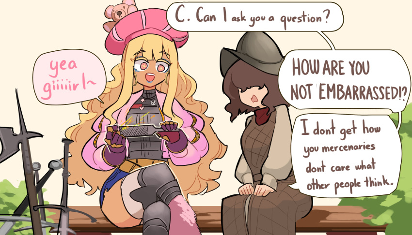 2girls, :d, absurdres, armor, blonde_hair, blue_eyeshadow, blue_lips, breastplate, brown_eyes, centurii-chan_(artist), chaperon_hat, commentary, crossed_legs, dark-skinned_female, dark_skin, earrings, english_commentary, english_text, eyeshadow, file_(tool), gauntlets, greaves, gyaru_landsknecht_(centurii-chan), hair_over_eyes, hat, helmet, highres, hoop_earrings, jacket, jewelry, lipstick, long_hair, makeup, multiple_girls, open_mouth, orange_eyes, original, pink_hat, pink_jacket, polearm, short_hair, sidelocks, sitting, smile, star-shaped_pupils, star_(symbol), stuffed_animal, stuffed_toy, sword, symbol-shaped_pupils, teddy_bear, teddy_bear_ornament, thigh-highs, very_long_hair, wavy_hair, weapon, white_thighhighs, zweihander
