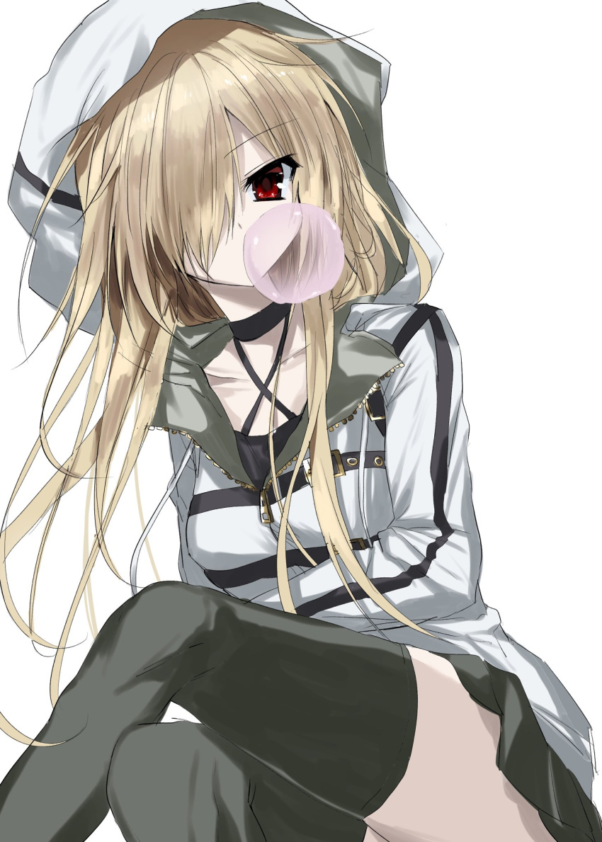 1girl, 9-nine-, black_shirt, black_skirt, black_thighhighs, blonde_hair, chewing_gum, collarbone, criss-cross_halter, crossed_legs, feet_out_of_frame, floating_hair, ghost_(9-nine-), hair_over_one_eye, halterneck, highres, hood, hood_up, hoodie, kasukasugom1, long_bangs, long_hair, long_sleeves, looking_at_viewer, miniskirt, one_eye_covered, partially_unzipped, red_eyes, shirt, simple_background, sitting, skirt, solo, thigh-highs, thighs, white_background, white_hoodie, zettai_ryouiki, zipper
