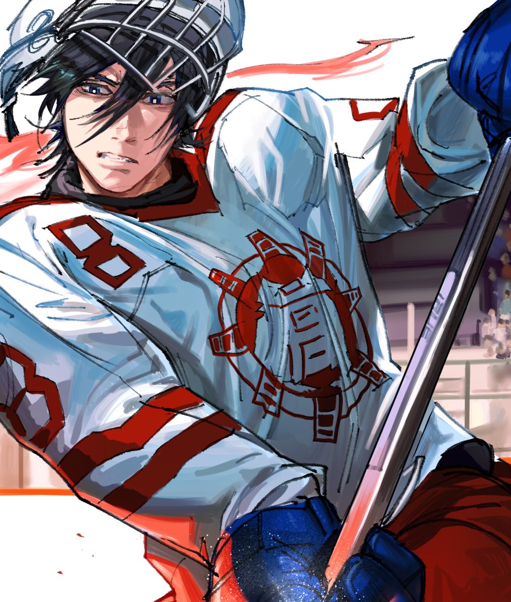 1boy, black_hair, blue_eyes, blue_gloves, dogsred, genma_keiichi, gloves, hair_between_eyes