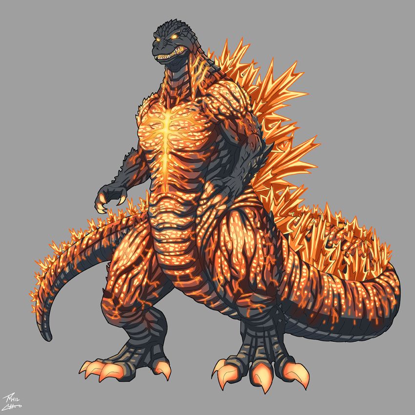bioluminescence, burning_godzilla, claws, elbow_spikes, fangs, full_body, giant, giant_monster, glowing, glowing_claws, glowing_eyes, glowing_mouth, glowing_spikes, glowing_teeth, godzilla, godzilla_(series), godzilla_vs._destoroyah, highres, jaw, kaiju, monster, no_humans, phil-cho, scales, sharp_teeth, spikes, spines, tail, teeth, yellow_eyes