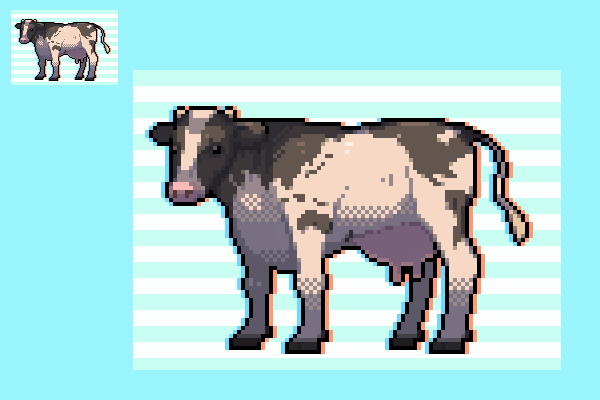 animal_focus, blue_background, commentary_request, cow, dithering, hooves, horns, no_humans, omunikin, original, pixel_art, striped_background, udder