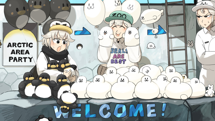 3girls, :o, absurdres, bear_hat, bird, black_scarf, closed_eyes, clothes_writing