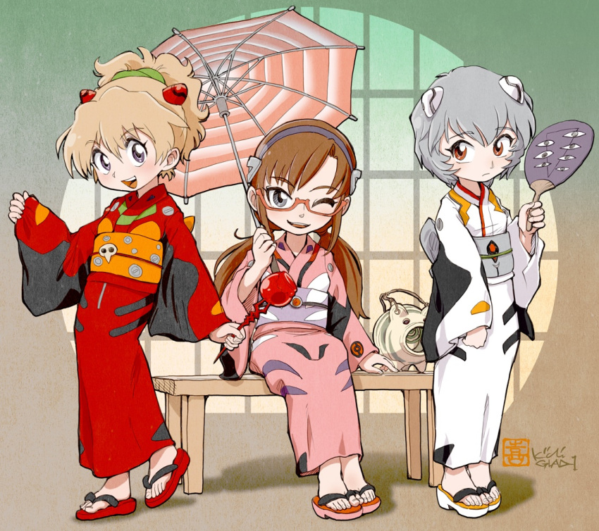 3girls, adapted_costume, alternate_eye_color, alternate_hair_color, artist_logo, at_field, ayanami_rei, bench