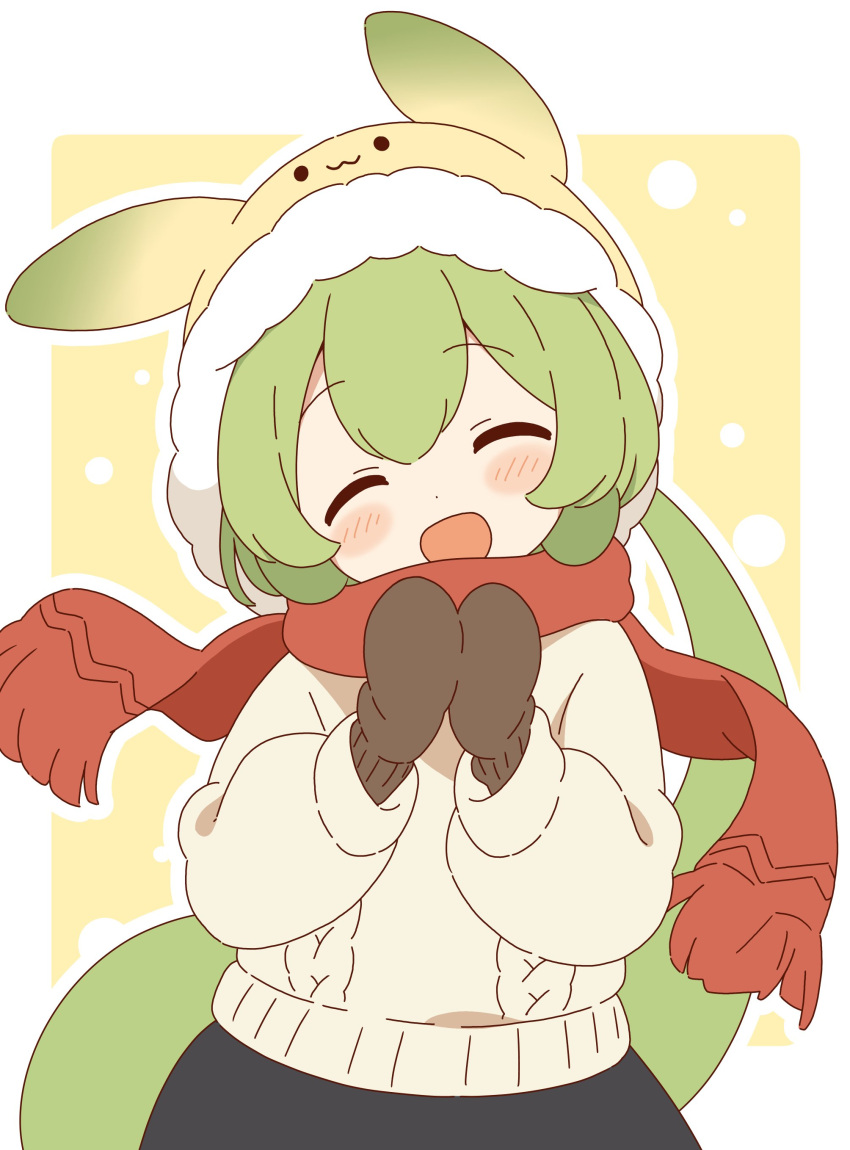 1girl, :d, ^_^, absurdres, animal_ear_headwear, beanie, blush, brown_mittens