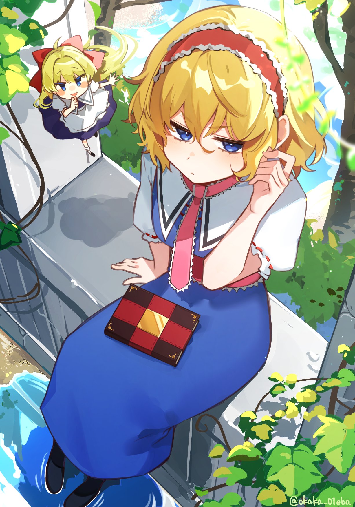 1girl, alice_margatroid, apron, ascot, blonde_hair, blue_dress, blue_eyes, blush