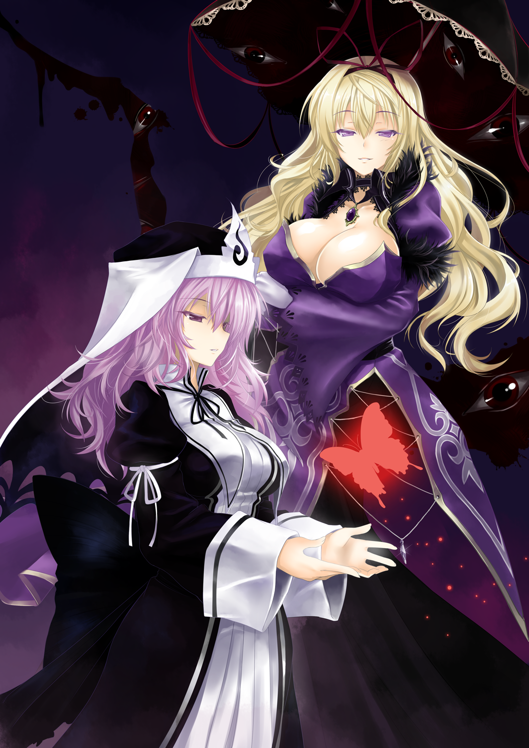 alternate_costume, blonde_hair, breasts, butterfly, cleavage, colored_eyelashes, eyes, gap